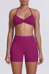 Women Halter Neck Yoga Set: High-Waisted Sculpting Shorts + Backless Sports Bra