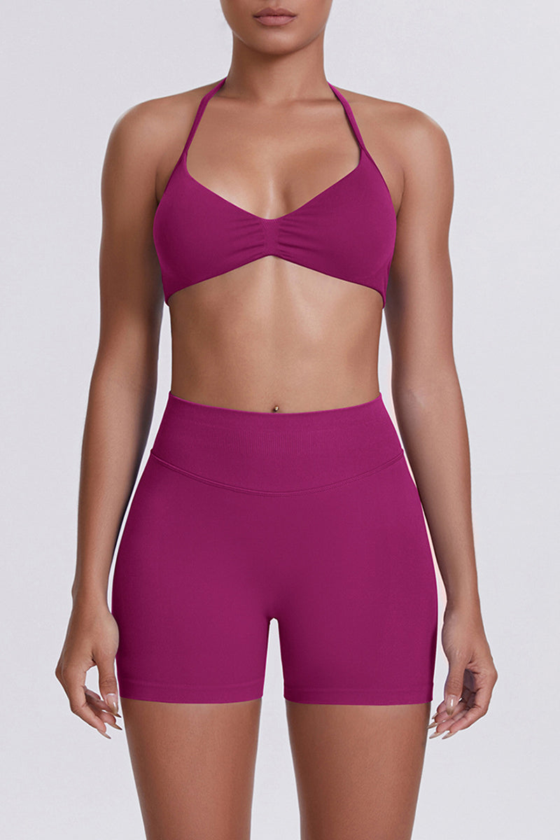 Women Halter Neck Yoga Set: High-Waisted Sculpting Shorts + Backless Sports Bra