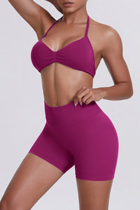 Women Halter Neck Yoga Set: High-Waisted Sculpting Shorts + Backless Sports Bra
