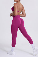 Women Seamless Yoga Set: High-Waisted Sculpting Leggings + Halter Neck Sports Bra