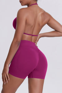 Women Halter Neck Yoga Set: High-Waisted Sculpting Shorts + Backless Sports Bra