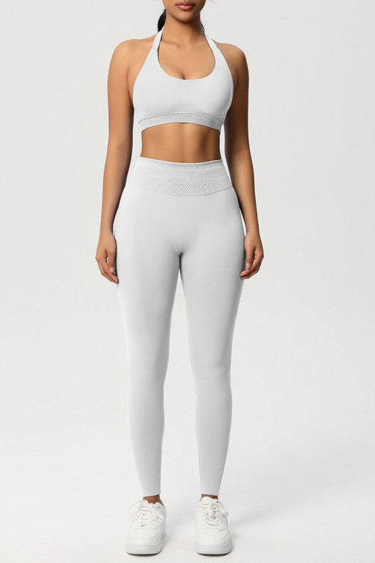 Women Seamless Knit Yoga Set: Halter Back Sports Bra + Sculpting Leggings