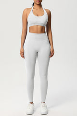 Women Seamless Knit Yoga Set: Halter Back Sports Bra + Sculpting Leggings