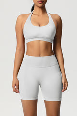 Women Halter Neck Yoga Set: High-Waisted Sculpting Shorts + Backless Sports Bra