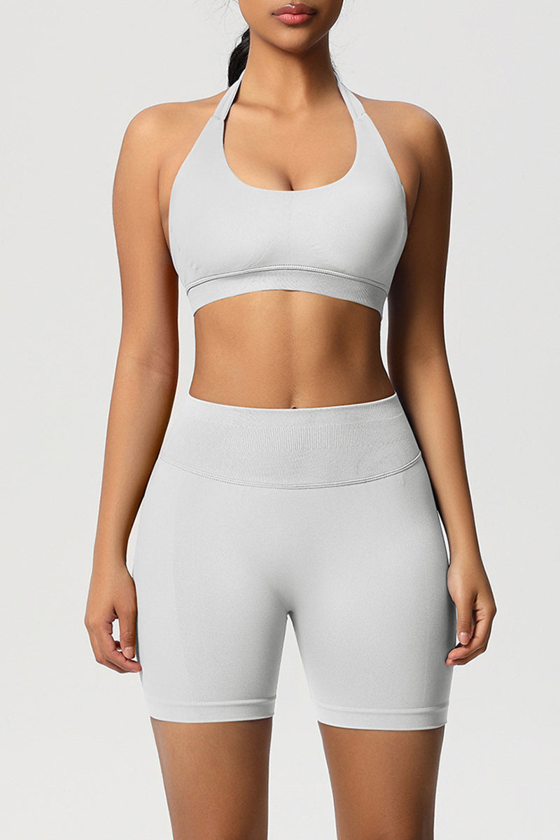 Women Halter Neck Yoga Set: High-Waisted Sculpting Shorts + Backless Sports Bra