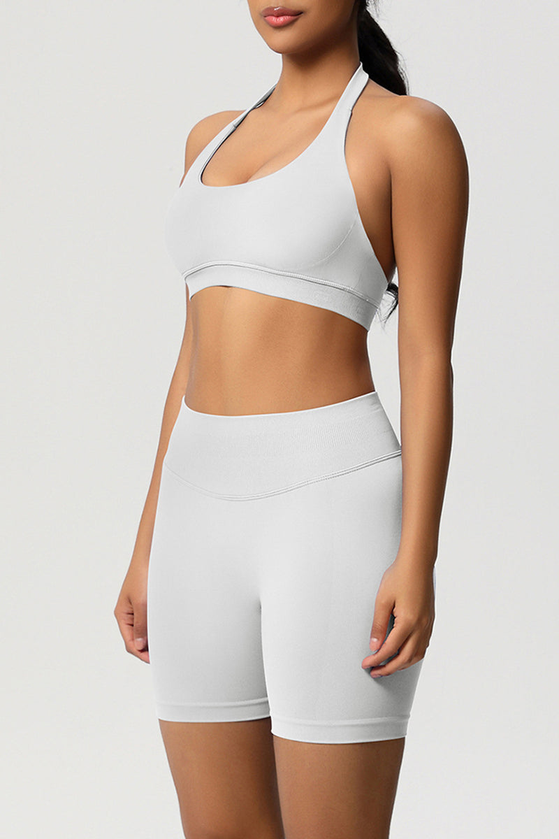 Women Halter Neck Yoga Set: High-Waisted Sculpting Shorts + Backless Sports Bra