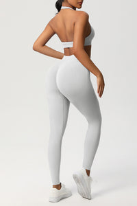 Women Seamless Knit Yoga Set: Halter Back Sports Bra + Sculpting Leggings