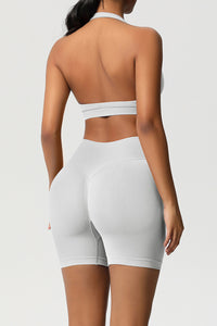 Women Halter Neck Yoga Set: High-Waisted Sculpting Shorts + Backless Sports Bra