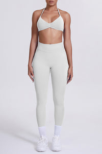 Women Seamless Yoga Set: High-Waisted Sculpting Leggings + Halter Neck Sports Bra