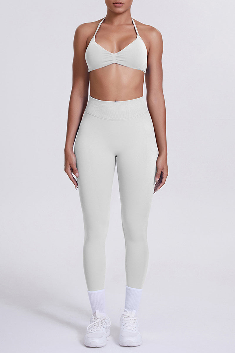Women Seamless Yoga Set: High-Waisted Sculpting Leggings + Halter Neck Sports Bra