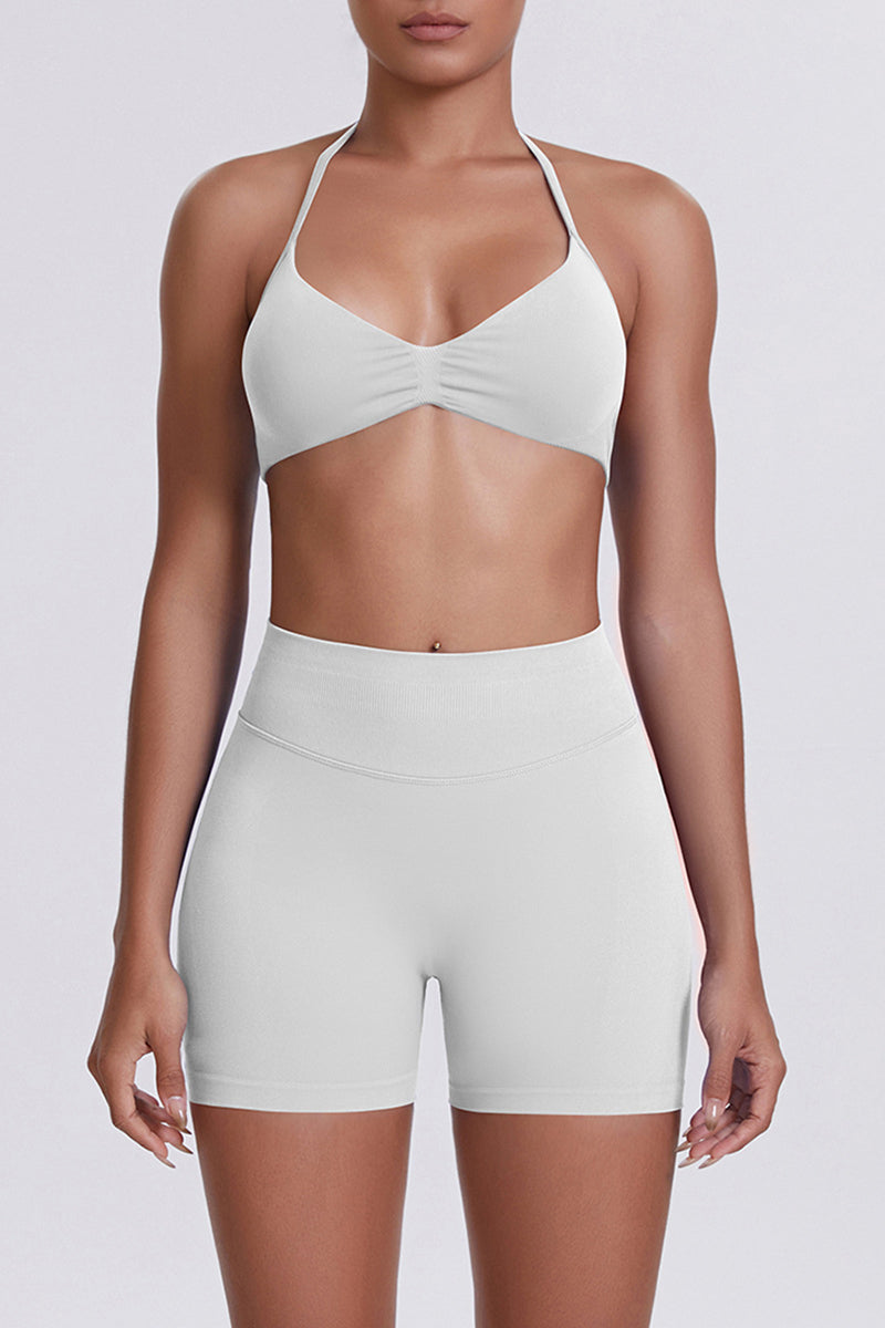 Women Halter Neck Yoga Set: High-Waisted Sculpting Shorts + Backless Sports Bra