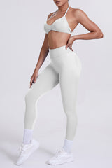 Women Seamless Yoga Set: High-Waisted Sculpting Leggings + Halter Neck Sports Bra