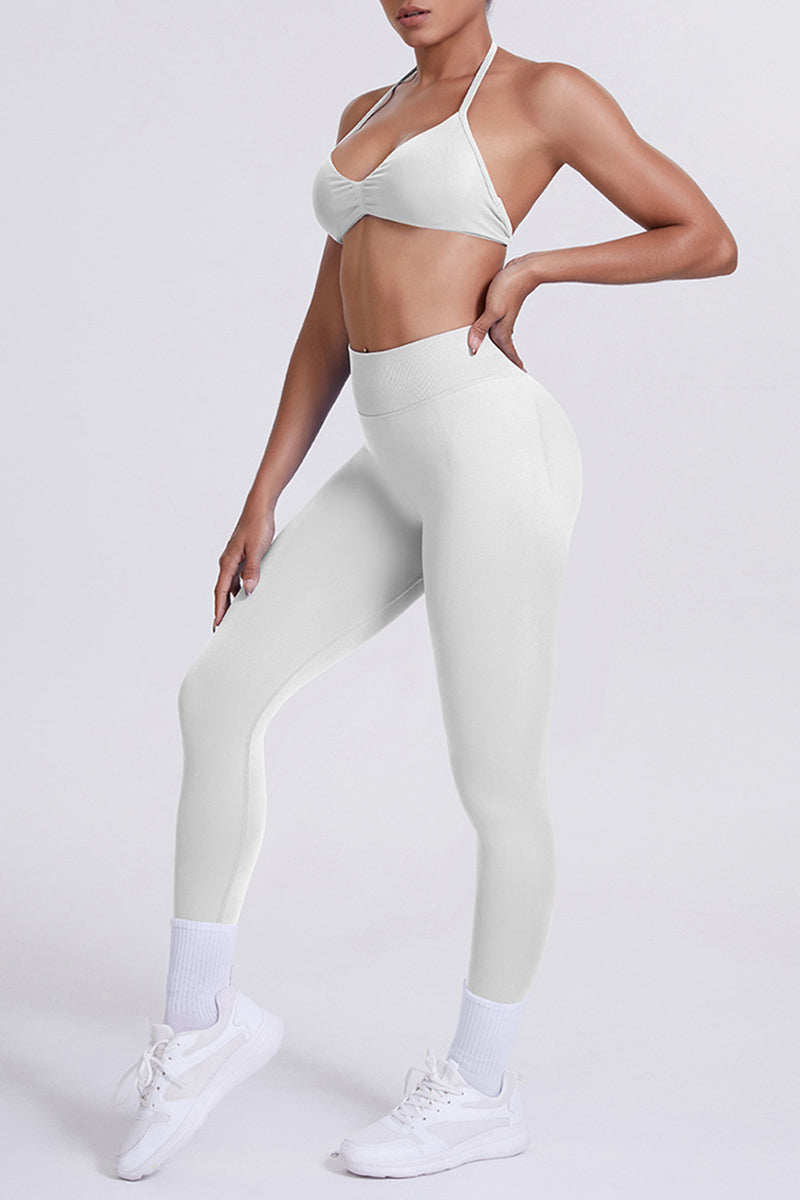 Women Seamless Yoga Set: High-Waisted Sculpting Leggings + Halter Neck Sports Bra