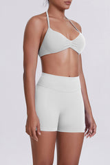 Women Halter Neck Yoga Set: High-Waisted Sculpting Shorts + Backless Sports Bra