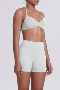 Women Halter Neck Yoga Set: High-Waisted Sculpting Shorts + Backless Sports Bra