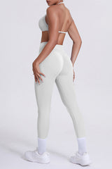 Women Seamless Yoga Set: High-Waisted Sculpting Leggings + Halter Neck Sports Bra