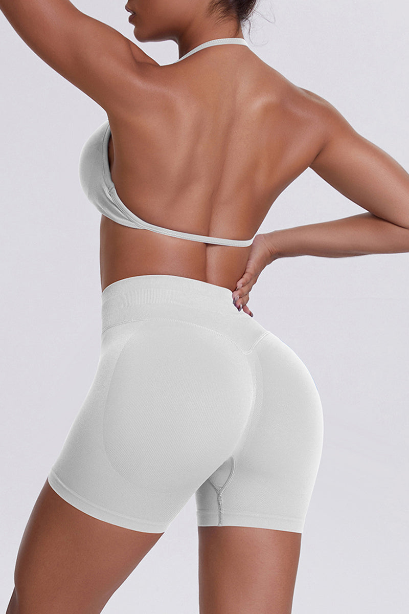Women Halter Neck Yoga Set: High-Waisted Sculpting Shorts + Backless Sports Bra
