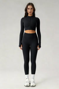 Women's Sports Sets:Stand Collar Cropped Jacket And Leggings