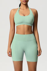Women Halter Neck Yoga Set: High-Waisted Sculpting Shorts + Backless Sports Bra