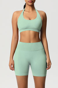 Women Halter Neck Yoga Set: High-Waisted Sculpting Shorts + Backless Sports Bra