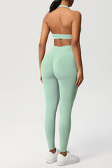 Women Seamless Knit Yoga Set: Halter Back Sports Bra + Sculpting Leggings