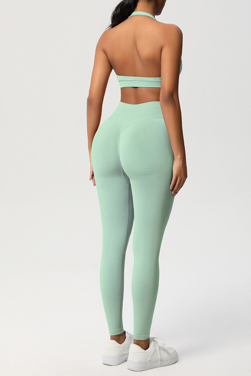Women Seamless Knit Yoga Set: Halter Back Sports Bra + Sculpting Leggings