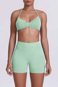 Women Halter Neck Yoga Set: High-Waisted Sculpting Shorts + Backless Sports Bra
