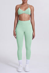 Women Seamless Yoga Set: High-Waisted Sculpting Leggings + Halter Neck Sports Bra