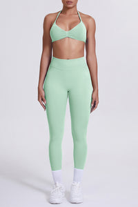 Women Seamless Yoga Set: High-Waisted Sculpting Leggings + Halter Neck Sports Bra