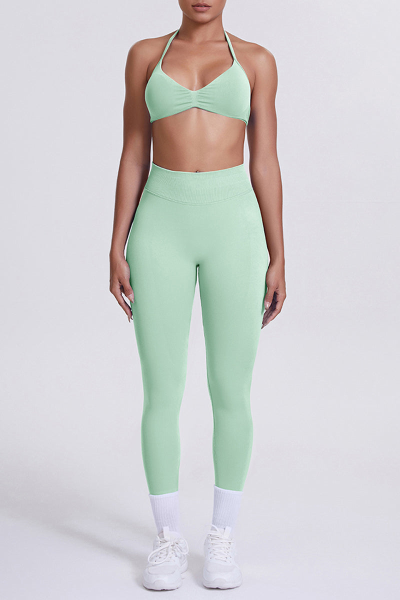 Women Seamless Yoga Set: High-Waisted Sculpting Leggings + Halter Neck Sports Bra