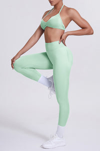 Women Seamless Yoga Set: High-Waisted Sculpting Leggings + Halter Neck Sports Bra