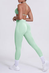 Women Seamless Yoga Set: High-Waisted Sculpting Leggings + Halter Neck Sports Bra