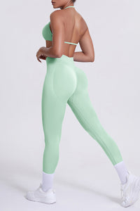 Women Seamless Yoga Set: High-Waisted Sculpting Leggings + Halter Neck Sports Bra