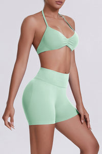 Women Halter Neck Yoga Set: High-Waisted Sculpting Shorts + Backless Sports Bra