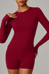 Women Fleece-Lined Yoga Set: Long Sleeve Top + Shaping Shorts
