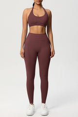 Women Seamless Knit Yoga Set: Halter Back Sports Bra + Sculpting Leggings