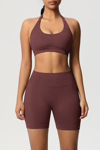 Women Halter Neck Yoga Set: High-Waisted Sculpting Shorts + Backless Sports Bra