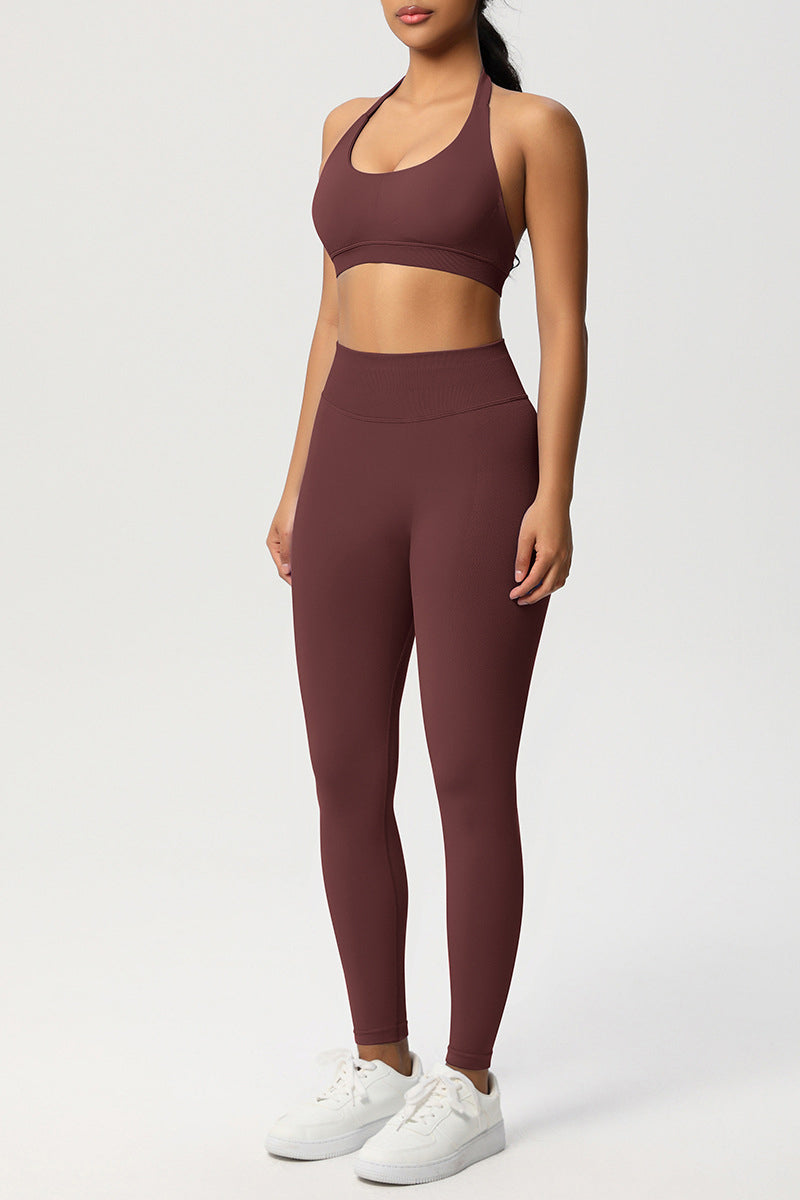 Women Seamless Knit Yoga Set: Halter Back Sports Bra + Sculpting Leggings