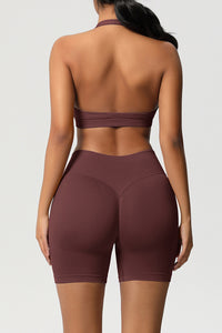 Women Halter Neck Yoga Set: High-Waisted Sculpting Shorts + Backless Sports Bra