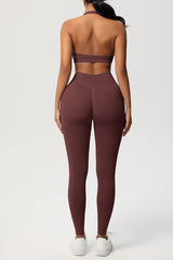 Women Seamless Knit Yoga Set: Halter Back Sports Bra + Sculpting Leggings