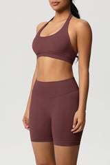 Women Halter Neck Yoga Set: High-Waisted Sculpting Shorts + Backless Sports Bra