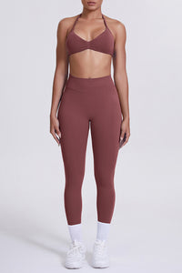 Women Seamless Yoga Set: High-Waisted Sculpting Leggings + Halter Neck Sports Bra