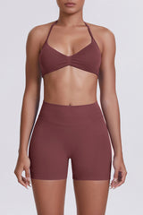 Women Halter Neck Yoga Set: High-Waisted Sculpting Shorts + Backless Sports Bra