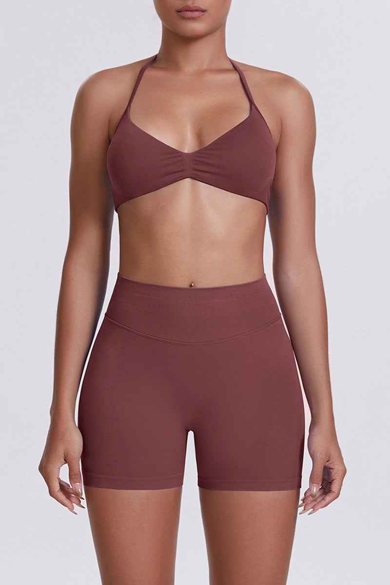 Women Halter Neck Yoga Set: High-Waisted Sculpting Shorts + Backless Sports Bra