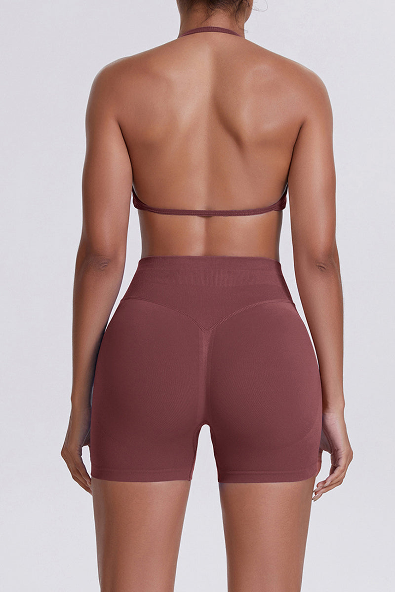 Women Halter Neck Yoga Set: High-Waisted Sculpting Shorts + Backless Sports Bra