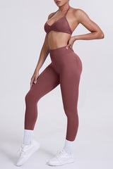 Women Seamless Yoga Set: High-Waisted Sculpting Leggings + Halter Neck Sports Bra