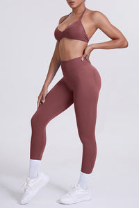 Women Seamless Yoga Set: High-Waisted Sculpting Leggings + Halter Neck Sports Bra
