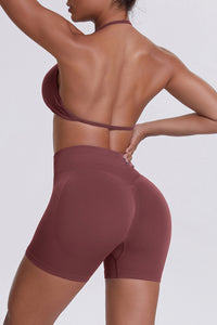 Women Halter Neck Yoga Set: High-Waisted Sculpting Shorts + Backless Sports Bra