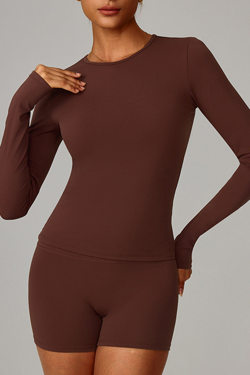 Women Fleece-Lined Yoga Set: Long Sleeve Top + Shaping Shorts