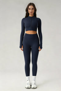 Women's Sports Sets:Stand Collar Cropped Jacket And Leggings